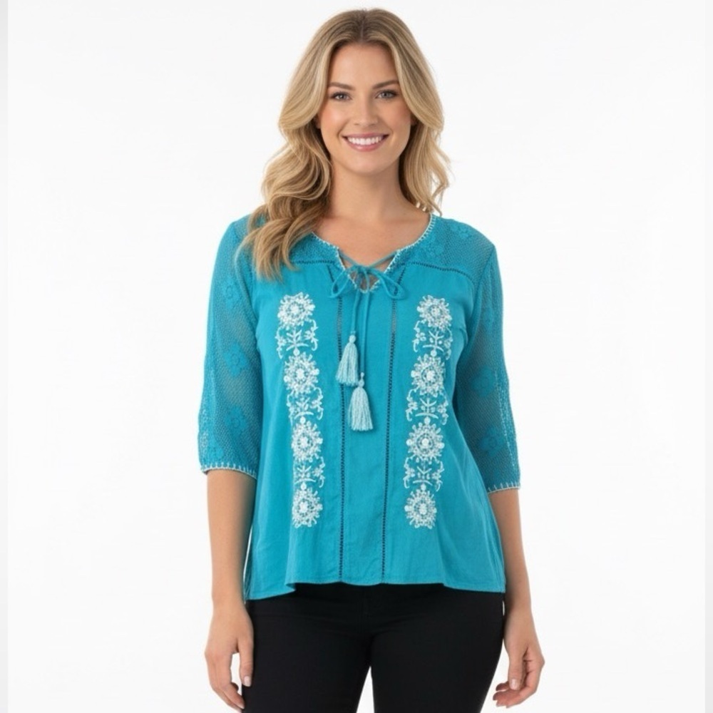 Bila small turquoise boho floral embroidered top